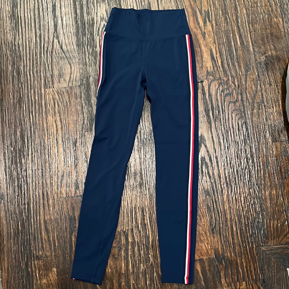Zyia 7/8 Leggings- Navy  with Red, White, Blue Stripes Size 2 (run big)